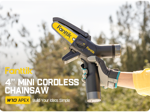 Fanttik TurboLite W10 APEX External Rotor Brushless Motor Mini Chainsaw Cordless with 3 Speed Adjustment, Type-C Fast Charging, LED Light for Tree Wood, Tools for Household and Garden