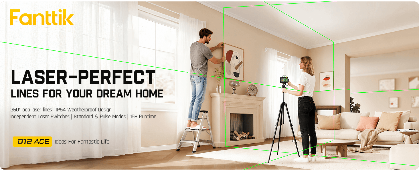 Fanttik D12 Ace Laser Level 360 Self Leveling, 3x360° Rechargeable 3D Green Cross Laser, Outdoor Pulse Mode, IP54 Durable, Easy to Use for Construction and Picture Hanging