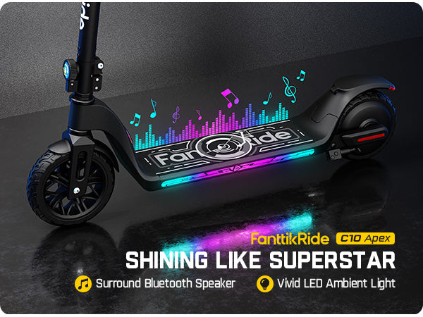 Fanttikride C10 Apex Electric Scooter for Kids,Bluetooth Music Speaker, LED Display, 5/8/10 MPH, 6.5 Miles Range, Height Adjustable, Type C Charging, Foldable Electric Scooter, 3.9-5.2 ft