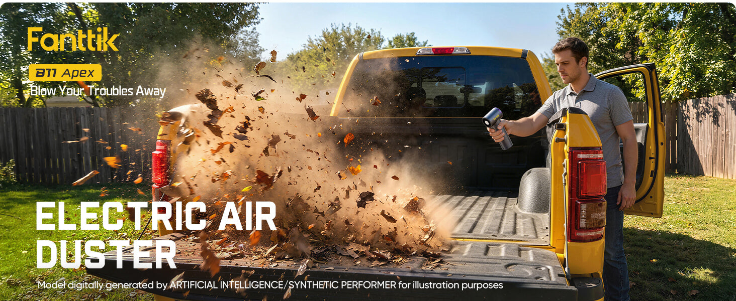 Person using an electric air duster on a truck with 'Fanttik' branding.