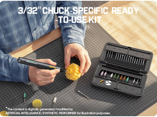 Fanttik Master Refill 42Pcs 3/32" Rotary Tool Accessory Kit ready to-use kit shown in use on a dark gridded mat, with a person holding a rotary tool and a black case of drill bits beside it on a wooden table.