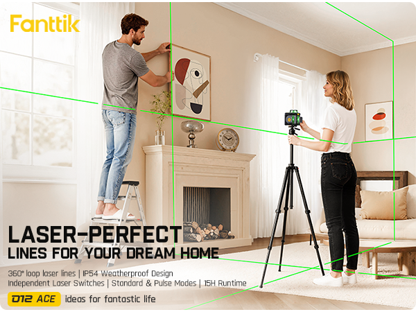 Fanttik D12 Ace Laser Level 360 Self Leveling, 3x360° Rechargeable 3D Green Cross Laser, Outdoor Pulse Mode, IP54 Durable, Easy to Use for Construction and Picture Hanging