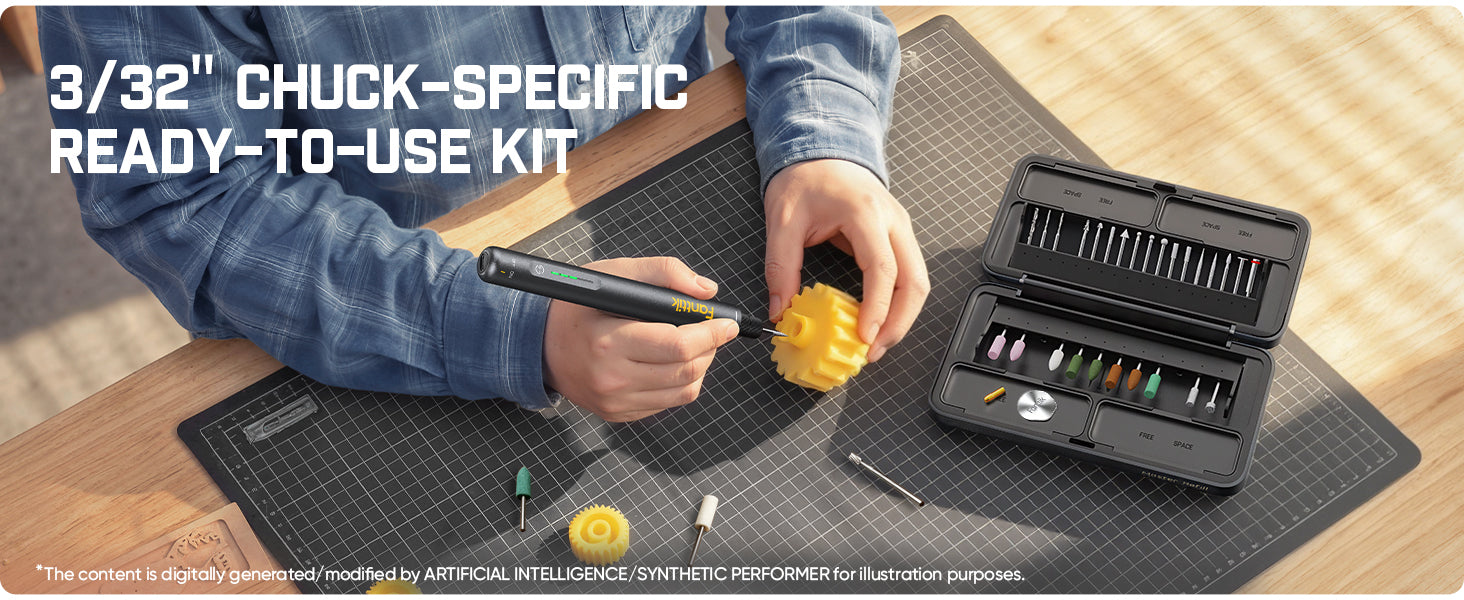 A person using a Fanttik Master Refill 42Pcs 3/32" Rotary Tool Accessory Kit on a black cutting mat, with an open black tool case displaying various drill bits and a yellow Chuck-A-Lot holder on a wooden table.