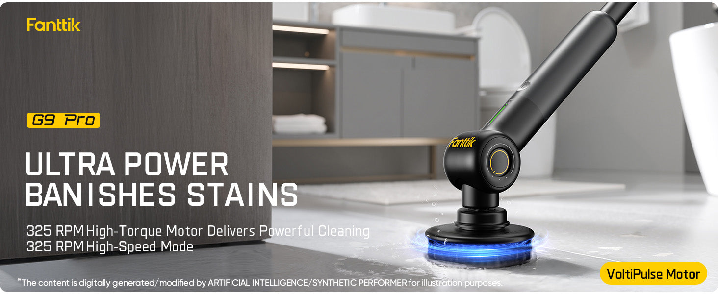 A black VatiPulse G9 Pro Electric Spin Scrubber shown in a bathroom setting, with a blue light glow at the base. The left side features a dark gray graphic panel with yellow text highlighting the G9 Pro features and 'Ultra Power Banishes Stains'.