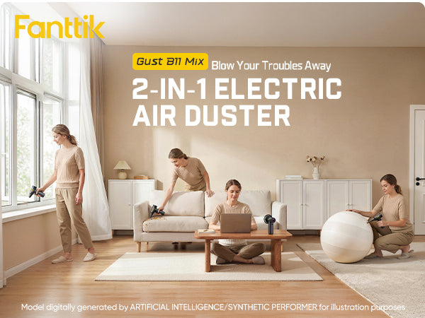 Advertisement for a 2-in-1 electric air duster with people using it in a living room.