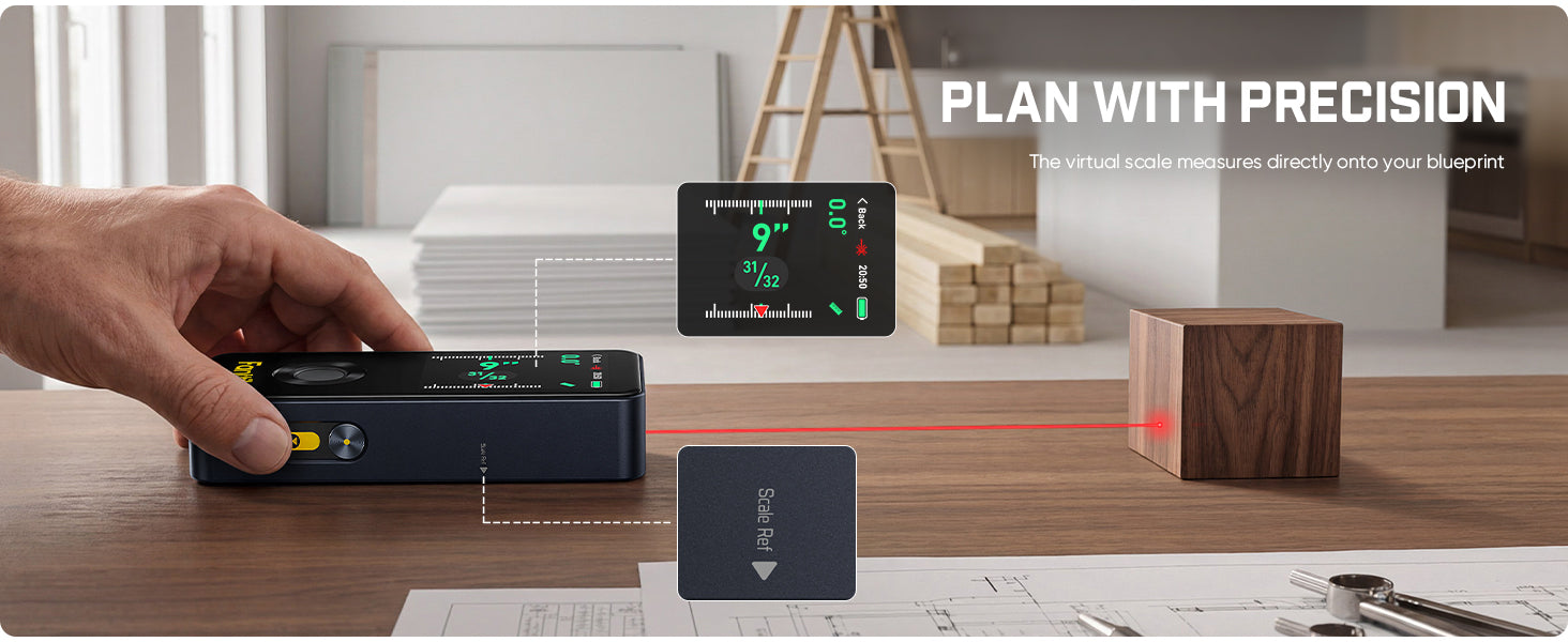 Hand using a laser level on a wooden surface with text 'Plan with Precision'.