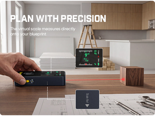 Hand holding a device measuring a blueprint with text 'Plan with Precision' in a room.