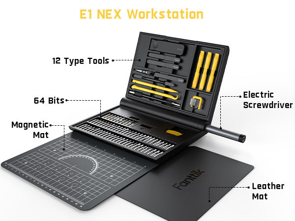 Fanttik E1 NEX Workstation Precision Electric Screwdriver Kit, 64 Magnetic Bits, 12 Types Fix Tools, 2 Torque Settings, Max. 3 N.m, Repair Tool for Phone Laptop Cameras Watch Electronics