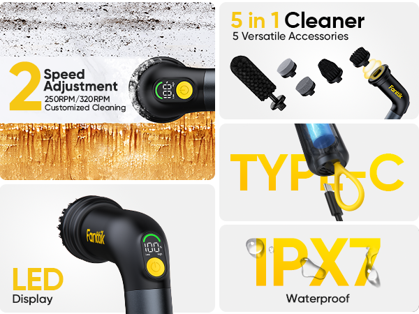 Fanttik G9 Handy Cordless MagnaStorm Electric Spin Scrubber, Dual-Speed Control with 5 Brush Heads, LED Display, IPX7 Waterproof, 2500mAh Battery with Type-C Charging, for Kitchen, Sink, Tile, Stove