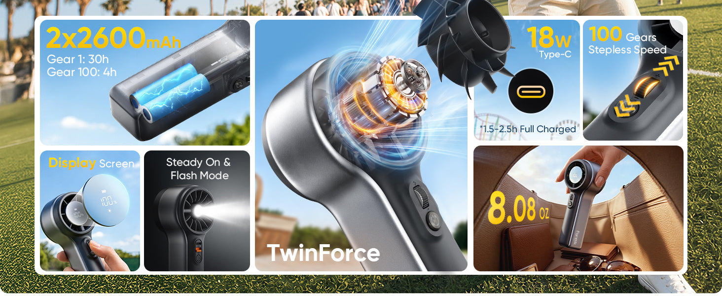 Product advertisement for a GoFlow 11 Apex Handheld Fan with various features highlighted.