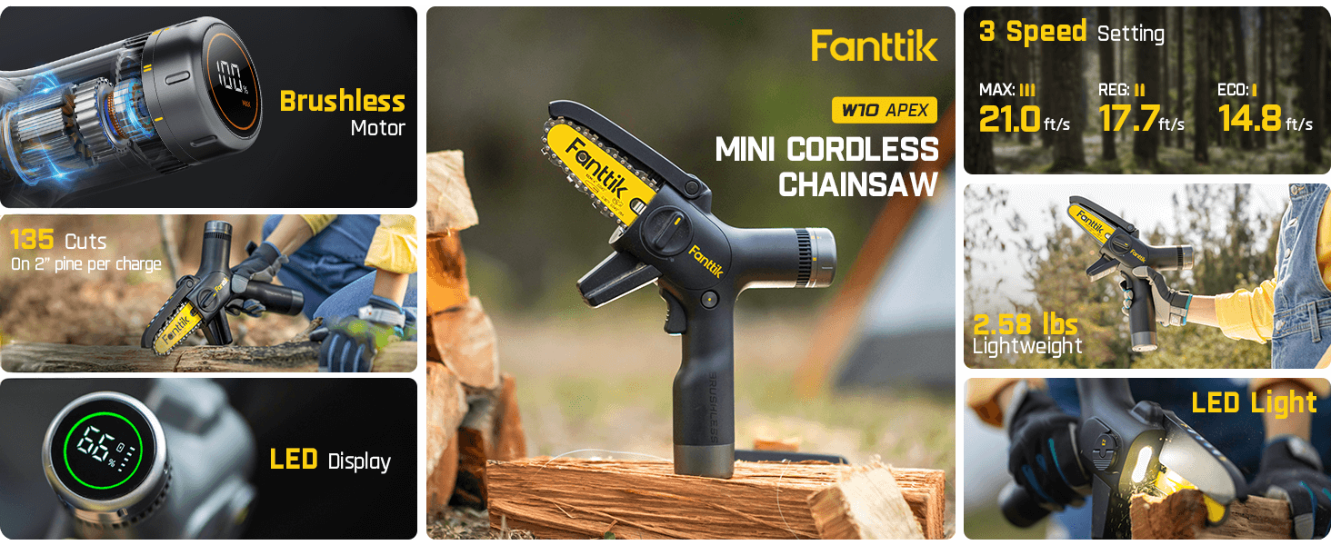 Fanttik TurboLite W10 APEX External Rotor Brushless Motor Mini Chainsaw Cordless with 3 Speed Adjustment, Type-C Fast Charging, LED Light for Tree Wood, Tools for Household and Garden