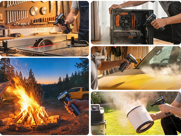 Collage of a Fanttik electric air duster being used in various settings including a workshop, outdoors, and cleaning.