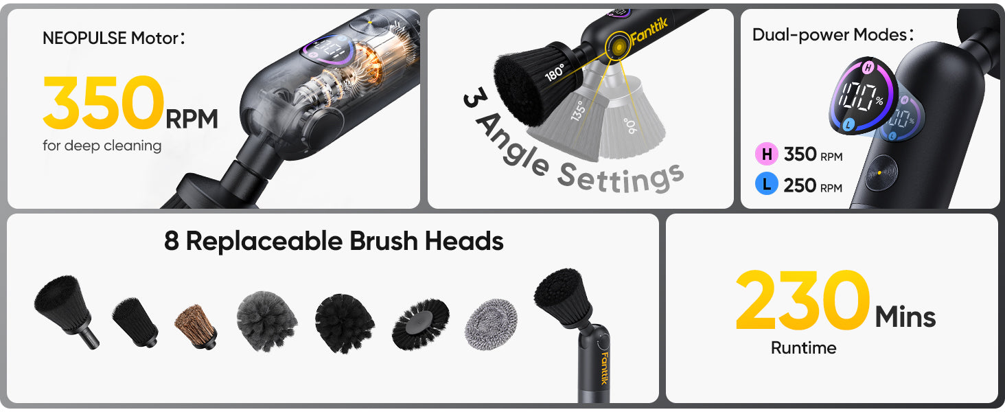 Fanttik Flip G10 Nano AutoCare Cordless Electric Scrubber, Dual-Speed with 8 Brush Heads, Adjustable Angle & Smart Display, IPX7 Waterproof for Deep Car Cleaning