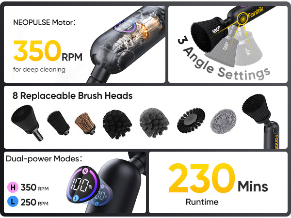 Fanttik Flip G10 Nano AutoCare Cordless Electric Scrubber, Dual-Speed with 8 Brush Heads, Adjustable Angle & Smart Display, IPX7 Waterproof for Deep Car Cleaning