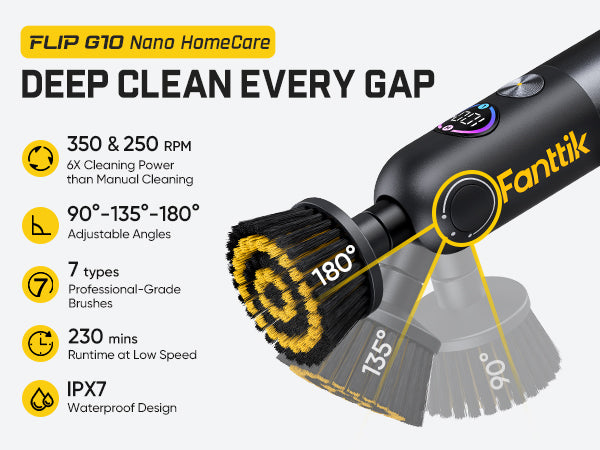 Fanttik Flip G10 Nano HomeCare Cordless Electric Spin Scrubber, 360° High-Torque Rotation, 2-Speed & 3-Angle, IPX7 Waterproof Cleaning Brush with 7 Brush Heads for Grout, Tiles, Sinks, Crevices