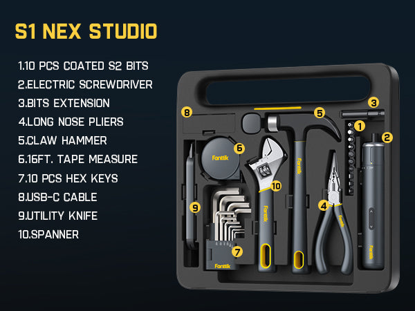 Fanttik S1 NEX Studio Electric Screwdriver Tool Kit, 3 Torque Settings, Max 6N.m, 10 Magnetic Bits, 7 Types Tools, Hex Keys, Spanner, Claw Hammer, Household Tool Kits for Home Repairs, Idea DIY