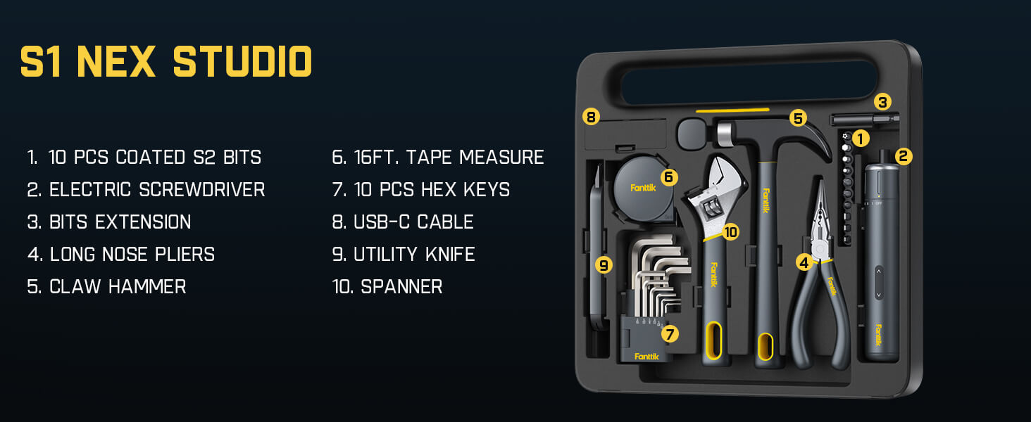 Fanttik S1 NEX Studio Electric Screwdriver Tool Kit, 3 Torque Settings, Max 6N.m, 10 Magnetic Bits, 7 Types Tools, Hex Keys, Spanner, Claw Hammer, Household Tool Kits for Home Repairs, Idea DIY