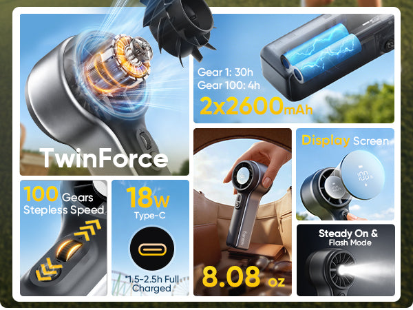 Product advertisement for a GoFlow 11 Apex Handheld Fan with various features highlighted.