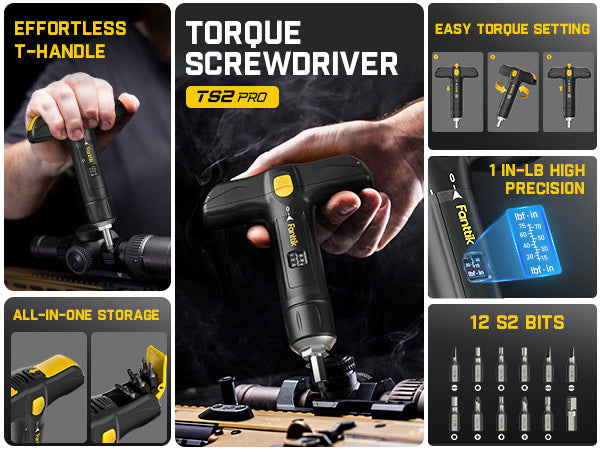 Fanttik TS2 PRO Torque Screwdriver Wrench Set, T-handle, Bits Storage Design, 12 Pcs S2 Steel Bits, 1/4" Drive, 15-75 in-lbs, Suitable for Gunsmithing, Scope Mounting, Bike and Maintenance