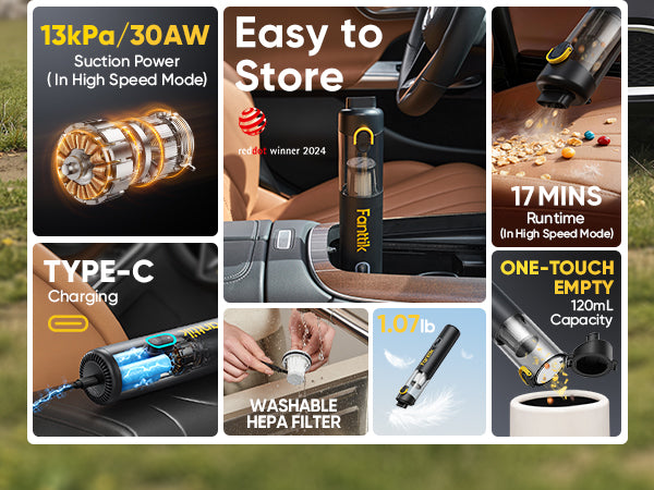 Fanttik V8 Mate Upgraded Cordless Car Vacuum, Portable Mini Vacuum with 13000pa Suction Power, 2 Suction Modes, Type-C Charge, Handheld Vacuum for Car, Small Tasks, Keyboards, Office Desk