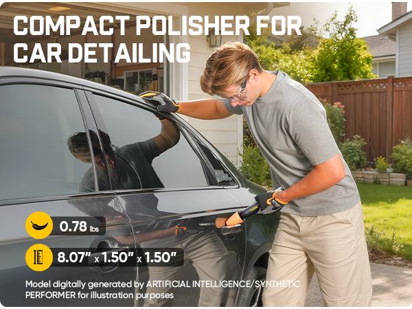 Person using a compact polisher on a car with text about the product.