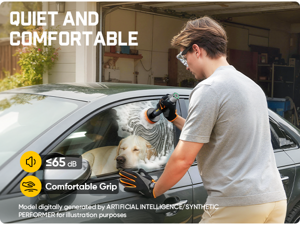 Person using a compact polisher on a car with text about the product.