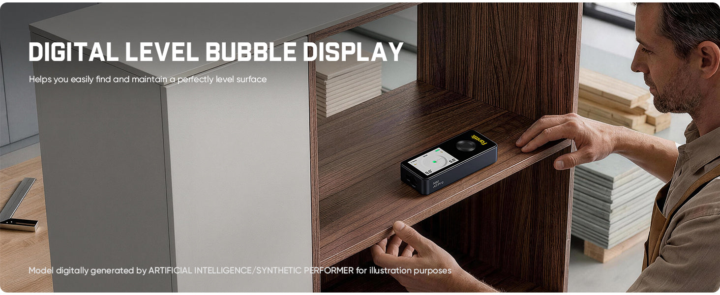 Man using a digital level bubble display on a wooden shelf