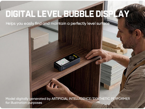 Man using a digital level bubble display on a wooden shelf