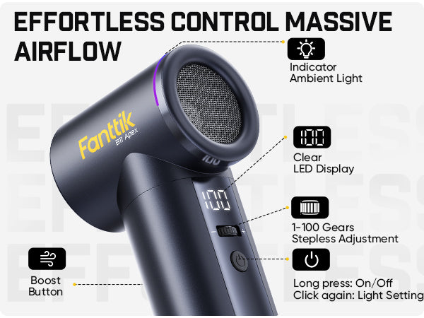 Fanttik electric air duster with features highlighted on a white background