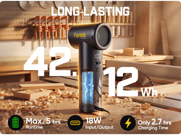 Fanttik electric air duster with power specifications on a workshop background