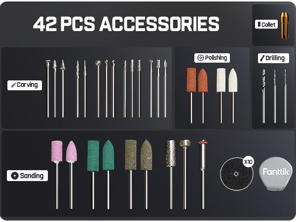 A product display of a 42-piece accessory set for a rotary tool, categorized by functions: Carving, Drilling, Sanding, Polishing, and Coating. The set includes various metal drill bits, carving and sanding sticks, colored abrasive wheels, a circular grinding disc, and a grey Fanttik pen.