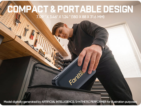 A man in a workshop places a compact, dark gray Fonttik portable case into a storage drawer. The image features promotional text highlighting the product's 'Compact & Portable Design' and includes a disclaimer at the bottom stating it is a digital generation.