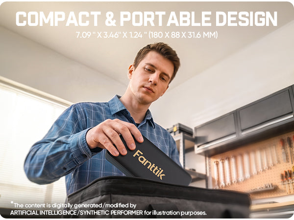 A man holds a black Fanttik Rotary Tool Accessory Kit case, set against an indoor background with promotional text at the top and a disclaimer at the bottom.