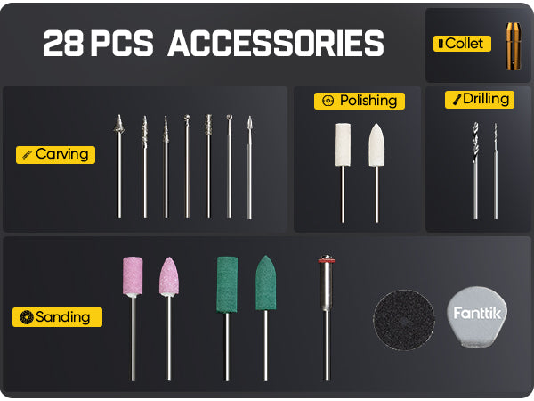 The mini rotary tool kit includes a premium flip‑lid storage case with magnetic compartments to keep accessories neatly organized, plus dedicated space for bits, and in-case charging for an efficient, clutter-free workflow