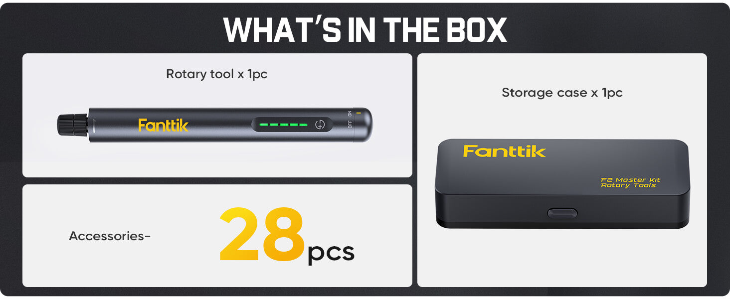 Product packaging with Fanttik rotary tool, storage case, and accessories on a black background.