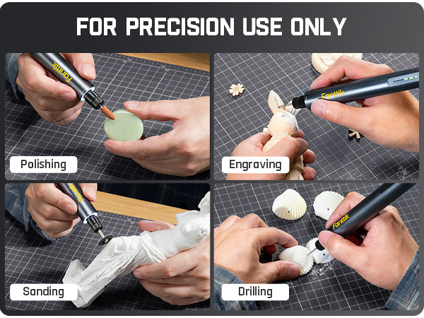 A four-panel instructional graphic showing a Rotary Tool grinder being used for precision carving and sanding. The panels show hands performing 'Polishing', 'Engraving', 'Sanding', and 'Drilling' on various materials like stone, wood, and plastic, all on a black gridded cutting mat.