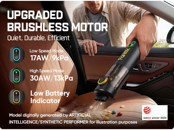Person cleaning car interior with a vacuum cleaner, highlighting upgraded brushless motor features.