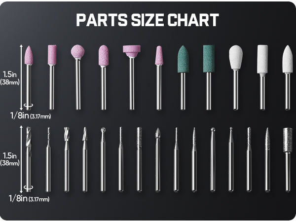 A parts size chart graphic showing multiple diamond drill bits and rotary bits arranged in two rows on a dark background, with labels indicating 1.5 in (38mm) and 1/8 in (3.
