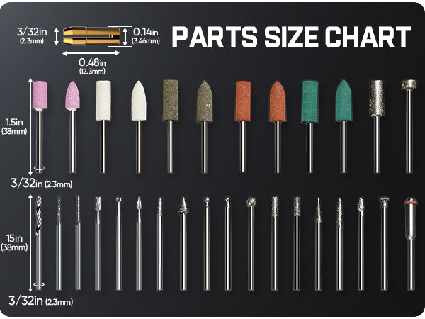 A parts size chart diagram showing various rotary burr and drill bits with their dimensions labeled on a black background.