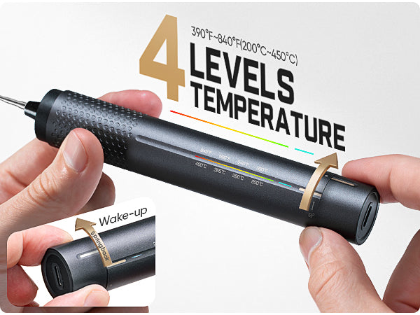 A black T2 Max Cordless Soldering Iron being held by two hands, with large text reading '4 LEVELS TEMPERATURE' and a small inset showing the device waking up. The product is shown against a light gray background.