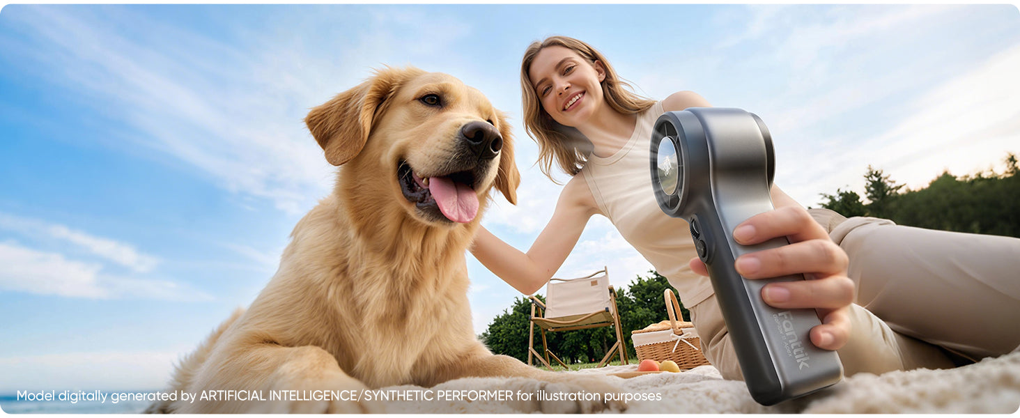 Woman holding a GoFlow 11 Apex Handheld Fan with a dog sitting next to her outdoors.