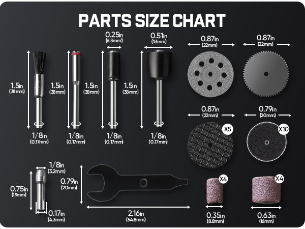 Parts size chart diagram showing various drill bits, sanding discs, and a rotary hammer attachment with labeled dimensions and quantities on a black background.