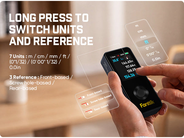 Hand holding a Fanttik Neo A11 Pro Laser Measuring Tool with text on units and reference