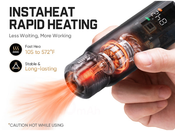 A hand holds a transparent cylindrical personal Fanttik H3 Master cordless heat gun, with glowing orange heat graphics and text highlighting rapid heating and high temperatures. The image includes marketing copy and icons on a white background.