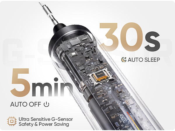 A transparent cylindrical T2 Max Cordless Soldering Iron with a black internal circuit board and gold connector, shown on a light gray background with promotional text reading 30s, 5min, and Auto Sleep.
