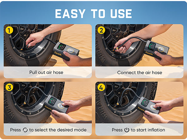 Step-by-step guide on how to use a tire inflator with images of hands performing actions.