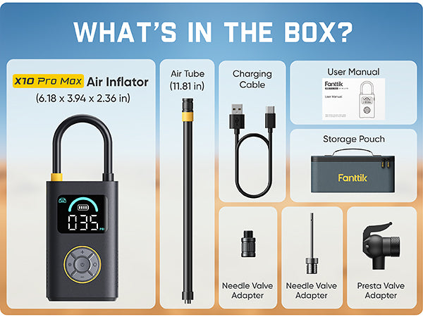Product packaging with X10 Pro Max Air Inflator and accessories listed.