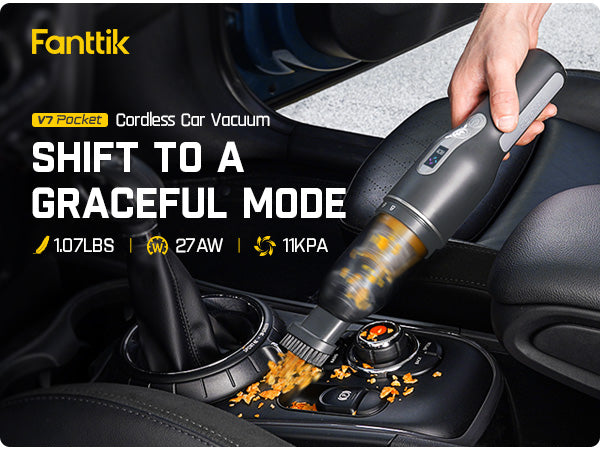 Fanttik Robustclean™ V7 Pocket Cordless Car Vacuum, 1 Lb Lightweight,11000Pa Powerful Suction Vacuum Rechargeable, Type-C Fast Charging, Mini Portable Handheld Vacuum for Car Home, Office (Gray)
