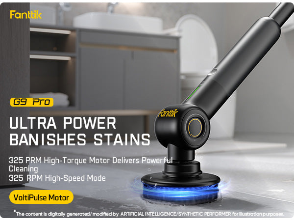 A black G9 Pro Electric Spin Scrubber  attachment shown in a bathroom setting, with blue steam visible at the base. The image includes promotional text highlighting its high-torque motor and Voltpulse technology.