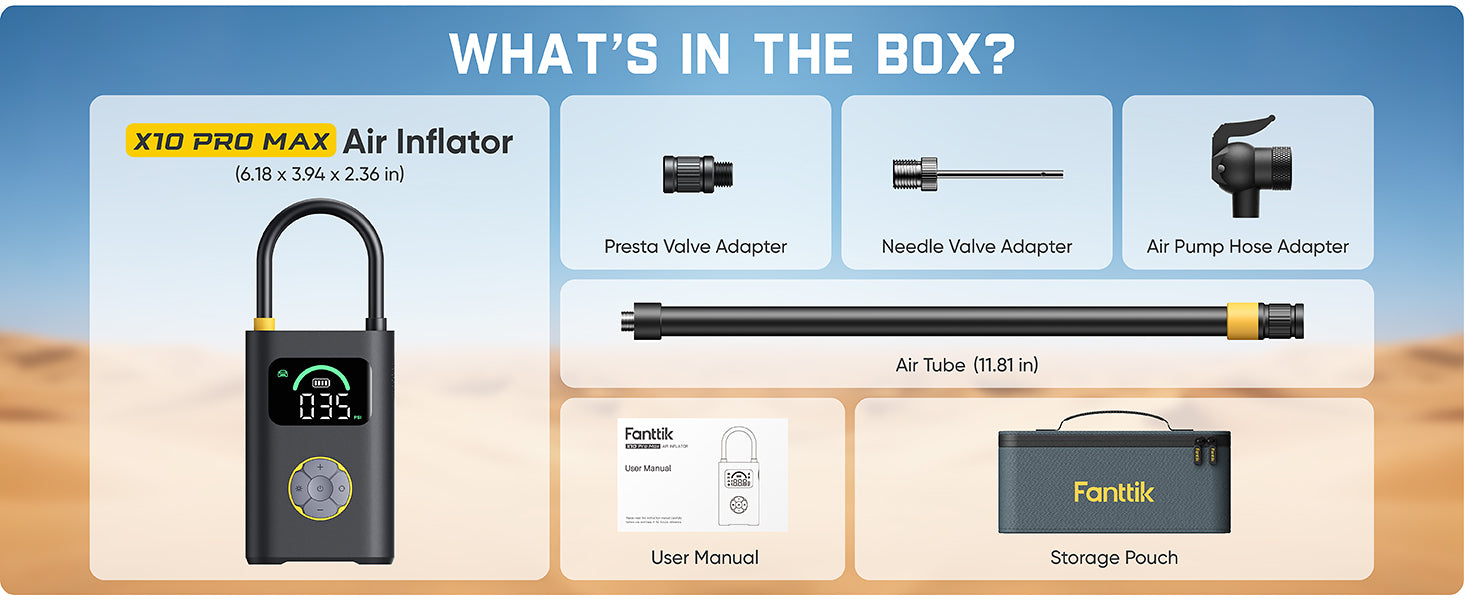 Product packaging with X10 Pro Max Air Inflator and accessories on a desert-themed background